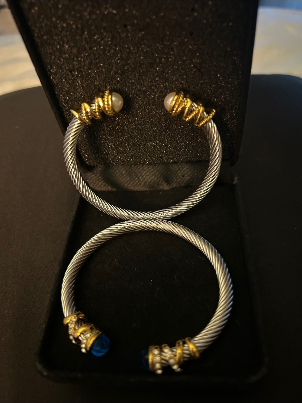 2 elegant Silver-Tone Cable Cuff Bracelets with Blue Stones,Pearls - Picture 8 of 8